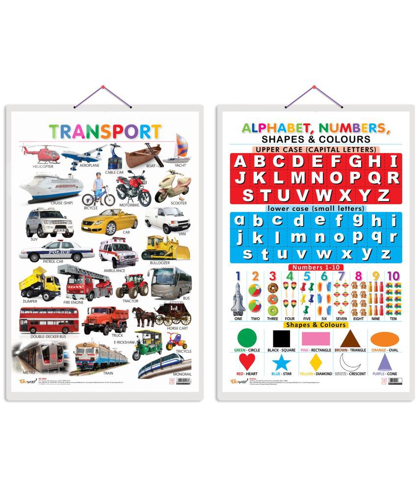    			Set of 2 Transport and Alphabet, Numbers, Shapes & Colours Early Learning Educational Charts for Kids | 20"X30" inch |Non-Tearable and Waterproof | Double Sided Laminated | Perfect for Homeschooling, Kindergarten and Nursery Students