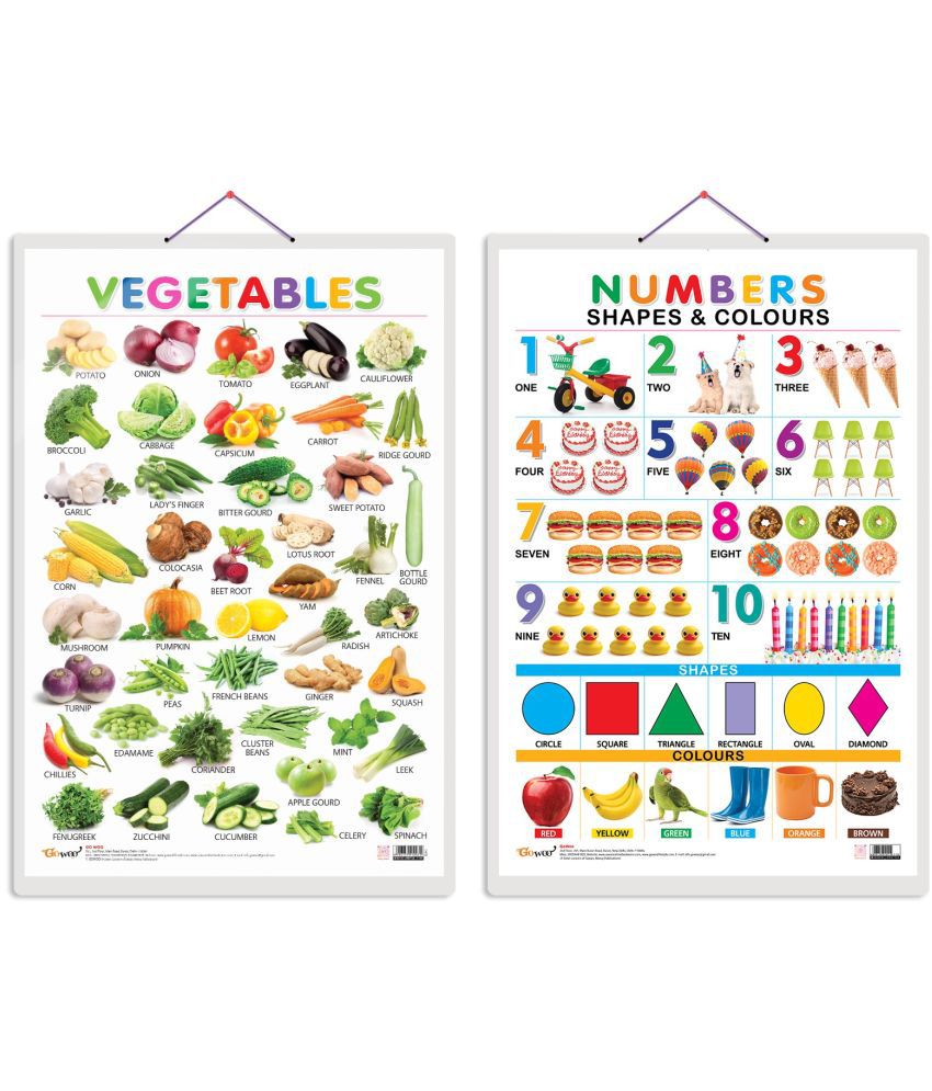     			Set of 2 Vegetables and Numbers, Shapes & Colours Early Learning Educational Charts for Kids | 20"X30" inch |Non-Tearable and Waterproof | Double Sided Laminated | Perfect for Homeschooling, Kindergarten and Nursery Students