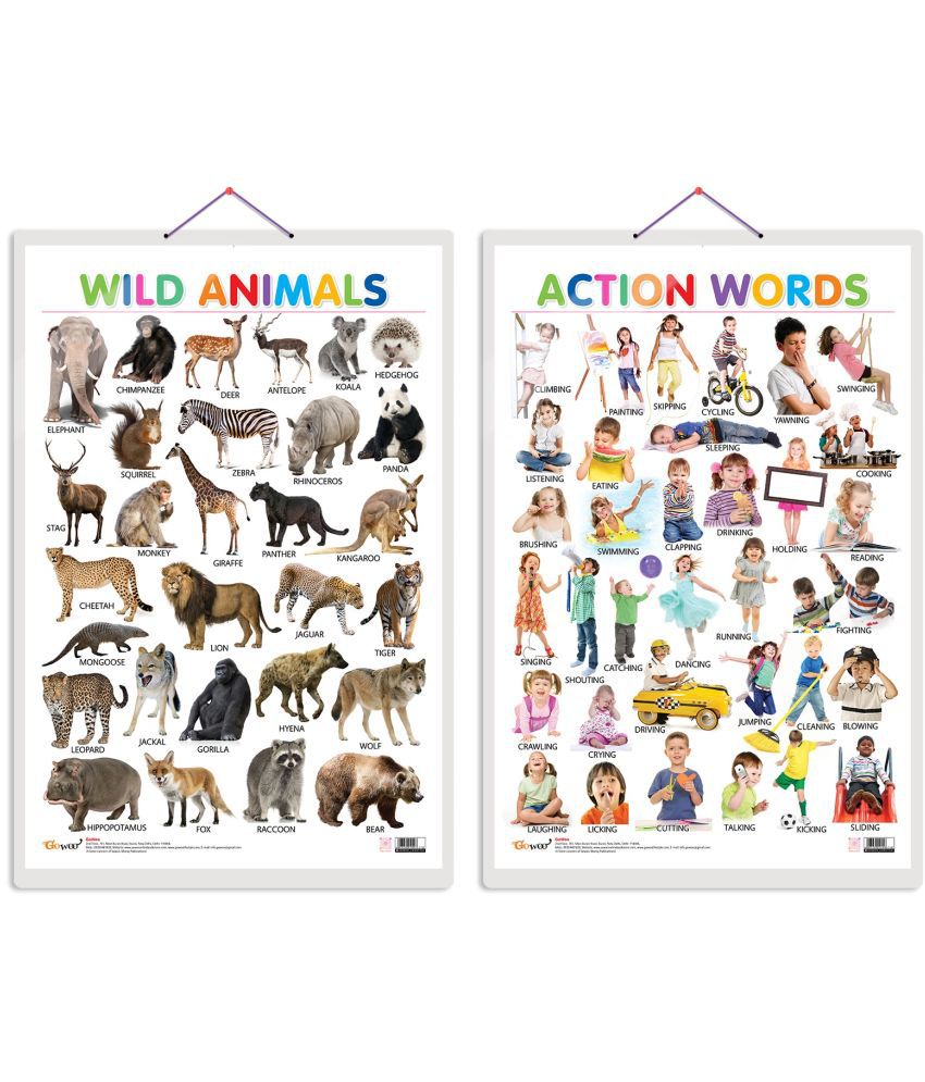     			Set of 2 Wild Animals and Action Words Early Learning Educational Charts for Kids | 20"X30" inch |Non-Tearable and Waterproof | Double Sided Laminated | Perfect for Homeschooling, Kindergarten and Nursery Students