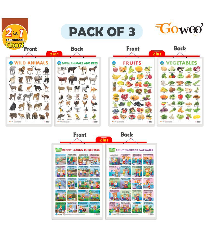     			Set of 3 |2 IN 1 FRUITS AND VEGETABLES, 2 IN 1 WILD AND FARM ANIMALS & PETS and 2 IN 1 BENNY LEARNS TO RECYCLE AND BENNY TEACHES TO SAVE WATER Early Learning Educational Charts for Kids