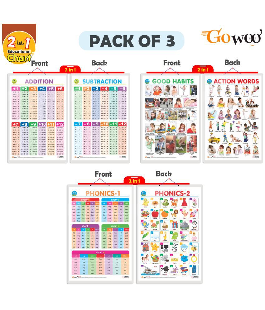     			Set of 3 |2 IN 1 GOOD HABITS AND ACTION WORDS, 2 IN 1 ADDITION AND SUBTRACTION and 2 IN 1 PHONICS 1 AND PHONICS 2 Early Learning Educational Charts for Kids