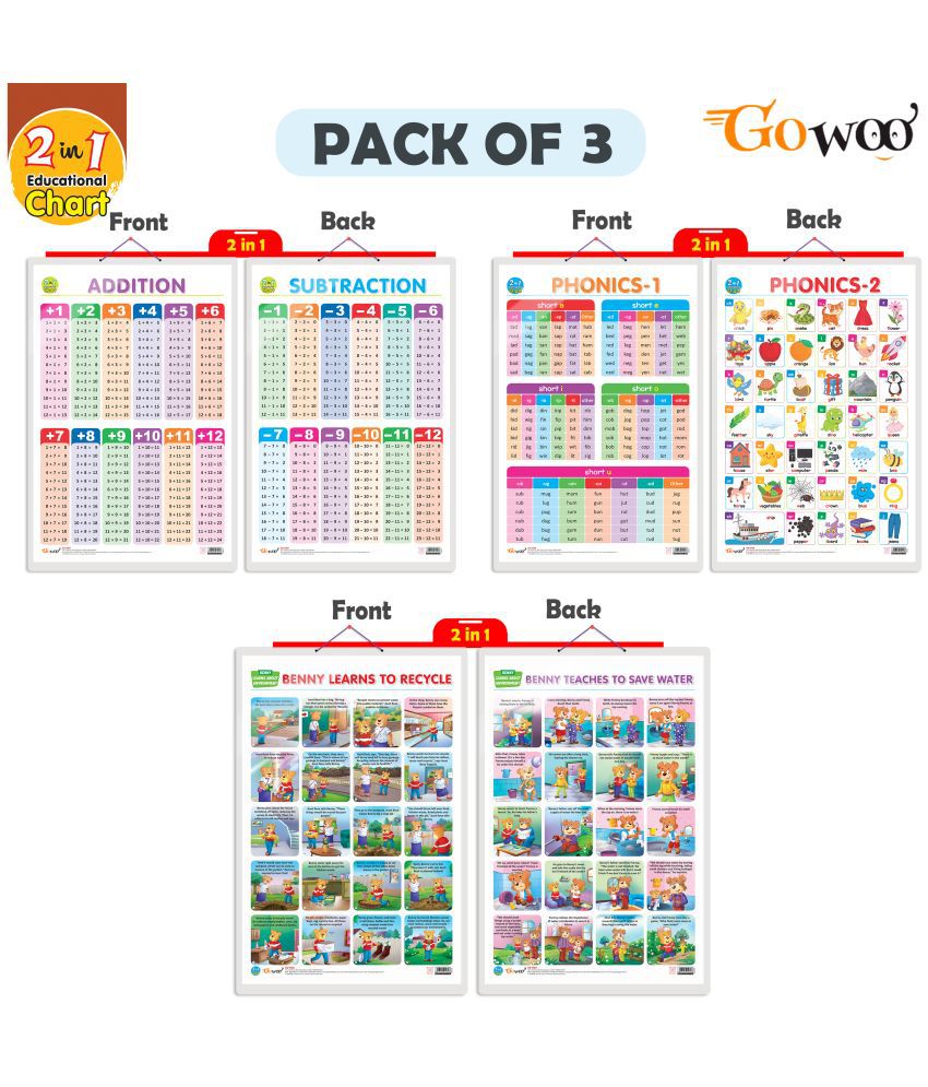     			Set of 3 | 2 IN 1 ADDITION AND SUBTRACTION, 2 IN 1 PHONICS 1 AND PHONICS 2 and 2 IN 1 BENNY LEARNS TO RECYCLE AND BENNY TEACHES TO SAVE WATER Early Learning Educational Charts for Kid