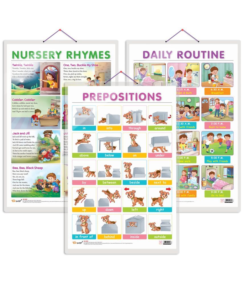     			Set of 3 DAILY ROUTINE, NURSERY RHYMES and PREPOSITIONS Early Learning Educational Charts for Kids | 20"X30" inch |Non-Tearable and Waterproof | Double Sided Laminated | Perfect for Homeschooling, Kindergarten and Nursery Students