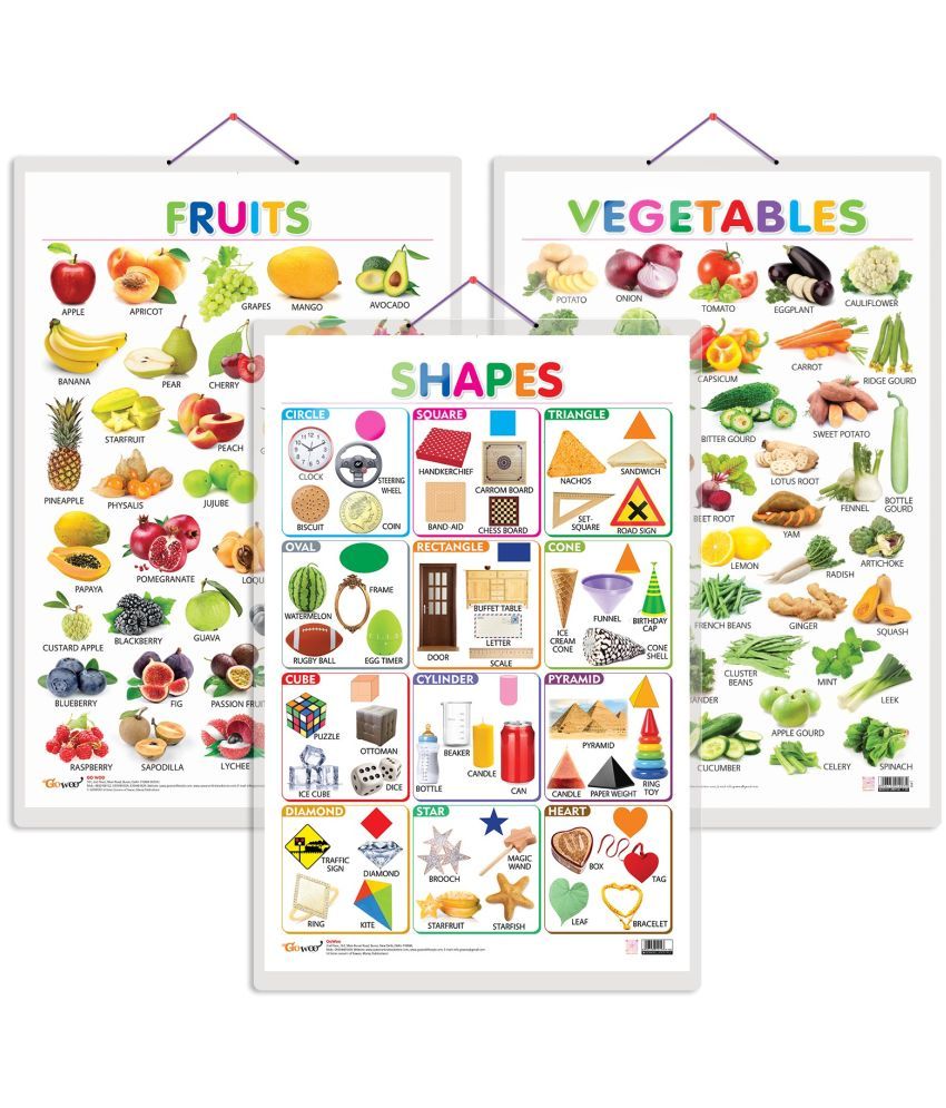     			Set of 3 Fruits, Vegetables and Shapes Early Learning Educational Charts for Kids | 20"X30" inch |Non-Tearable and Waterproof | Double Sided Laminated | Perfect for Homeschooling, Kindergarten and Nursery Students