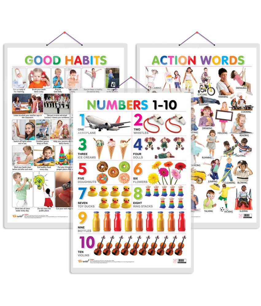     			Set of 3 Good Habits, Action Words and Numbers 1-10 Early Learning Educational Charts for Kids | 20"X30" inch |Non-Tearable and Waterproof | Double Sided Laminated | Perfect for Homeschooling, Kindergarten and Nursery Students