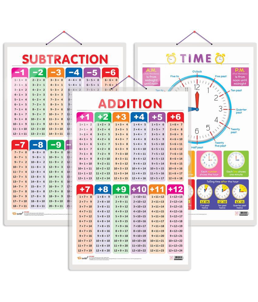     			Set of 3 TIME, SUBTRACTION and ADDITION Early Learning Educational Charts for Kids | 20"X30" inch |Non-Tearable and Waterproof | Double Sided Laminated | Perfect for Homeschooling, Kindergarten and Nursery Students