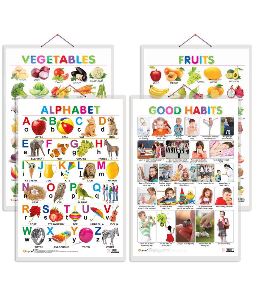     			Set of 4 Alphabet, Fruits, Vegetables and Good Habits Early Learning Educational Charts for Kids | 20"X30" inch |Non-Tearable and Waterproof | Double Sided Laminated | Perfect for Homeschooling, Kindergarten and Nursery Students