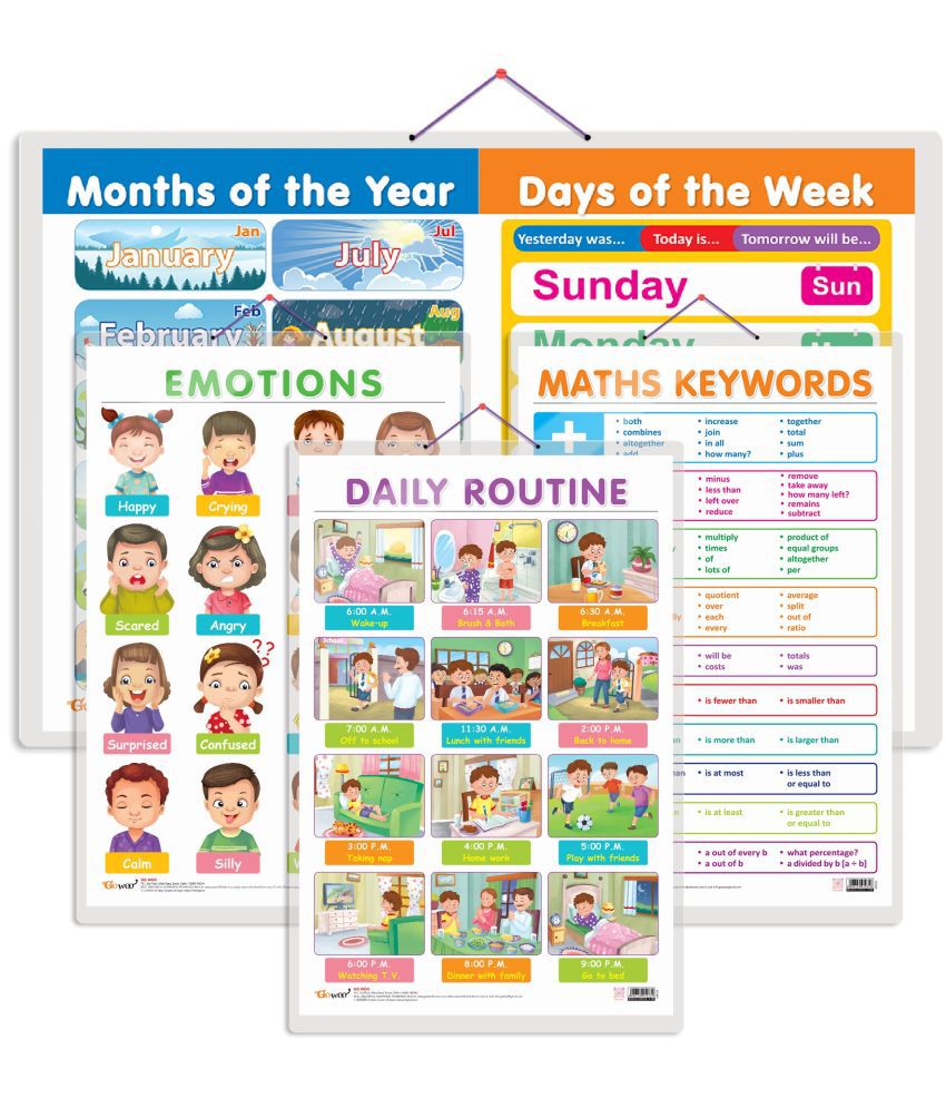     			Set of 4 MATHS KEYWORDS, MONTHS OF THE YEAR AND DAYS OF THE WEEK, EMOTIONS and DAILY ROUTINE Early Learning Educational Charts for Kids