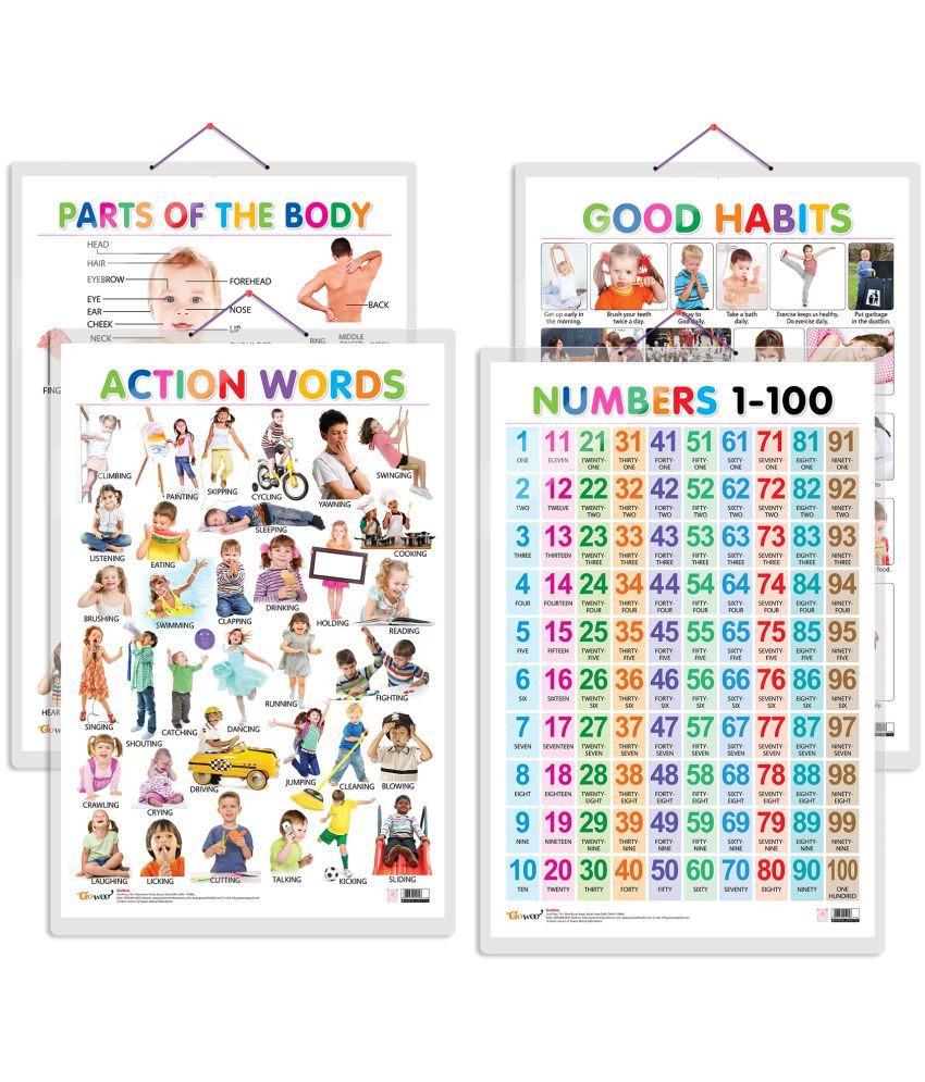     			Set of 4 Parts of the Body, Good Habits, Action Words and Numbers 1-100 Early Learning Educational Charts for Kids | 20"X30" inch |Non-Tearable and Waterproof | Double Sided Laminated | Perfect for Homeschooling, Kindergarten and Nursery Students