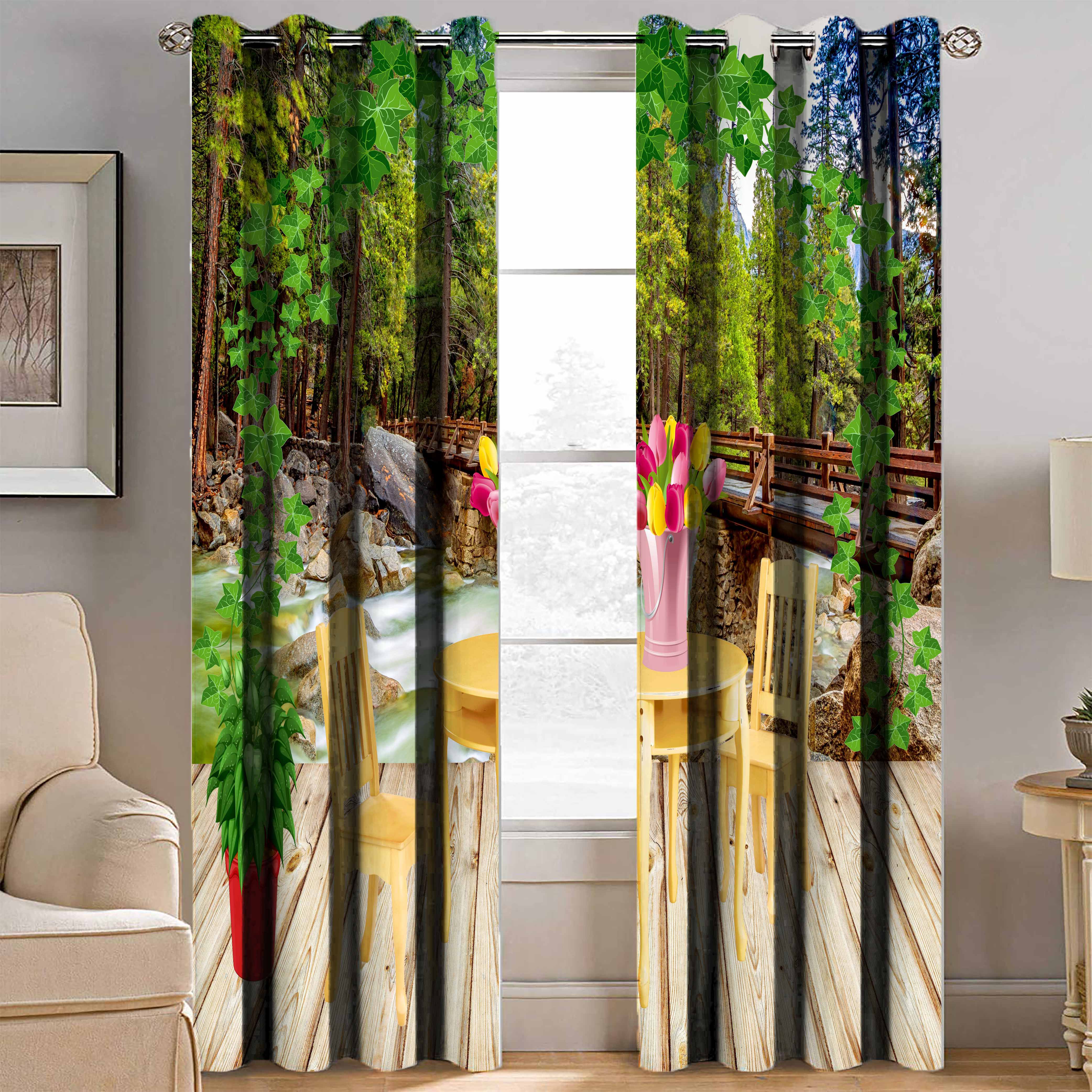     			HOMETALES Nature Semi-Transparent Eyelet Curtain 7 ft Pack of 2 Multicolor