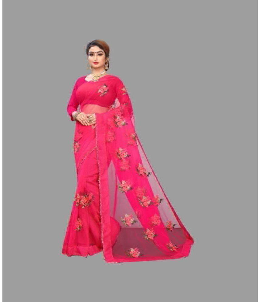     			PATLANI STYLE - Fluorescent Pink Net Saree With Blouse Piece ( Pack of 1 )