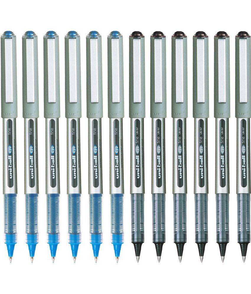 Uni Ball Eye Ub157 Fine 0.7Mm Black,Blue Roller Ball Pen (Pack Of 12, Assorted)