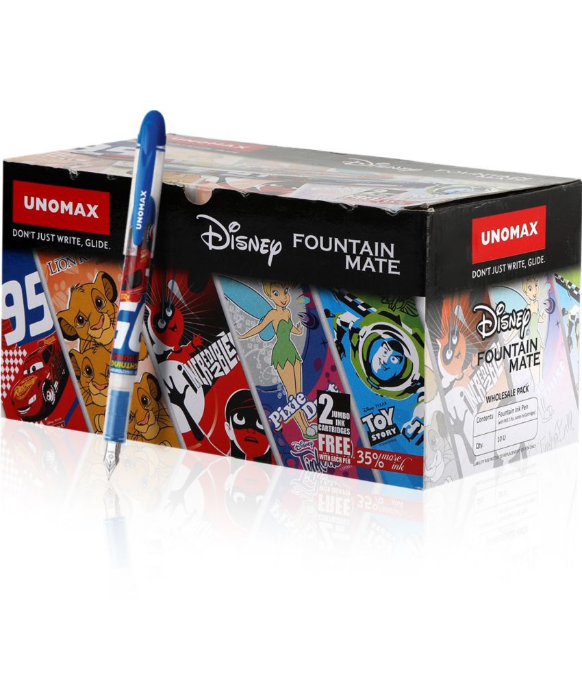     			Unomax Fountain Mate Disney Toons(2Pc Blister Card Each With 2 Free Jumbo Cartridges- Disney Cars, Lion King, Toy Story, The Incredible, Tinker Bell) Fountain Pen (Pack Of 10, Multicolor)