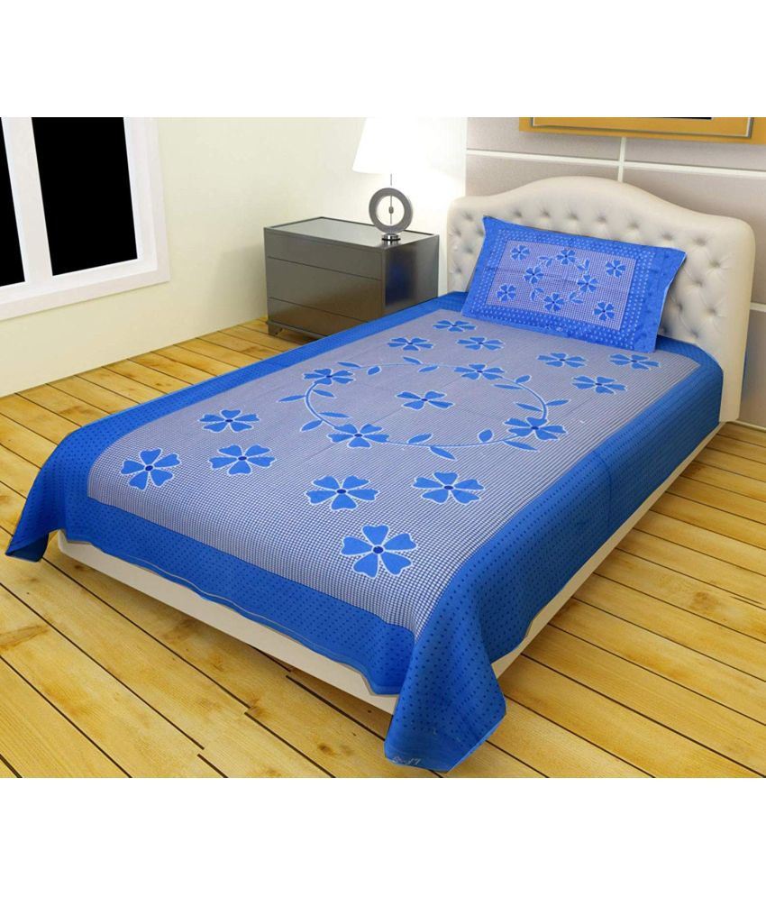     			Shaphio Poly Cotton Floral Single Bedsheet with 1 Pillow Cover - Blue