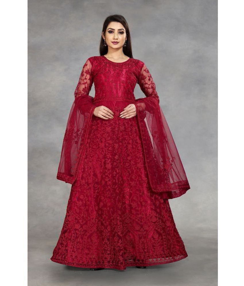     			Aika - Maroon Anarkali Net Women's Stitched Ethnic Gown ( Pack of 1 )