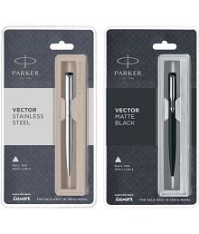 Parker Vector Stainless Steel &amp; Matte Black Ct Ball Pen (Pack Of 2, Blue)
