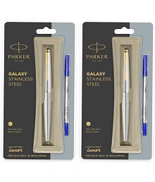Parker Galaxy Stainless Steel Gold Trim Roller Ball Pen (Pack Of 2, Blue)
