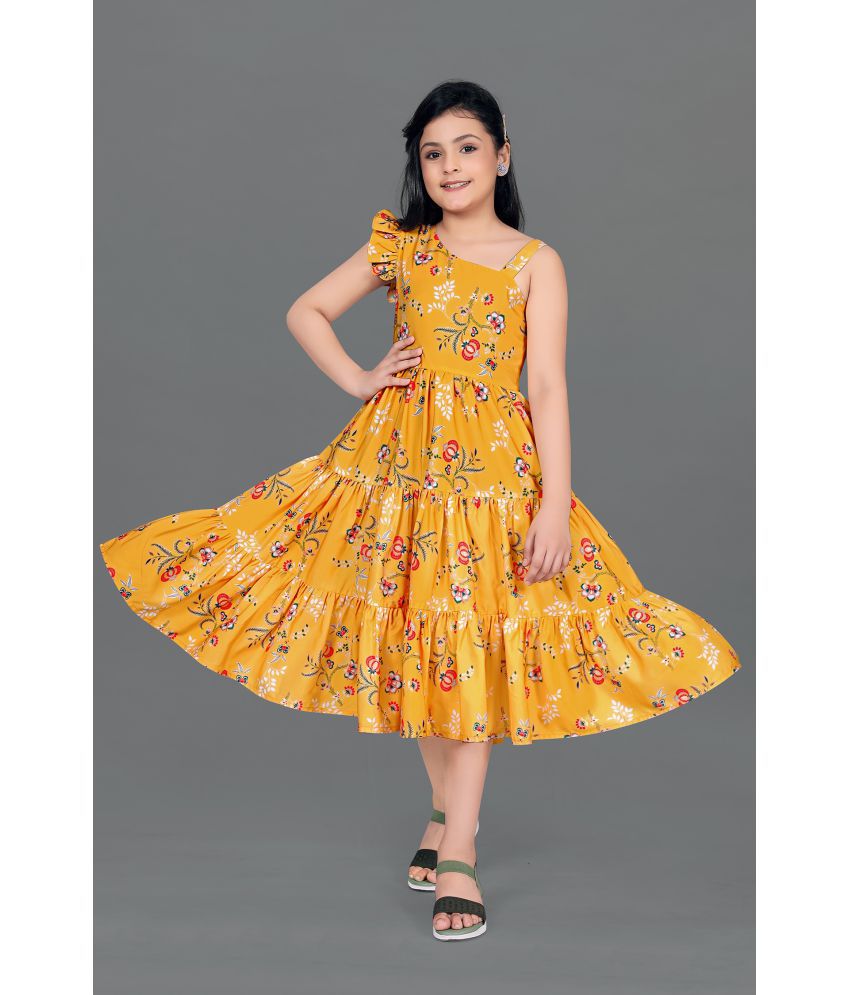     			MIRROW TRADE - Yellow Crepe Girls Tiered Dress ( Pack of 1 )