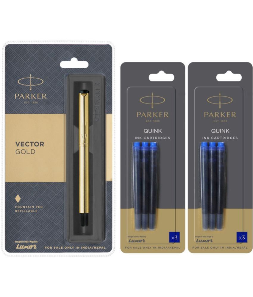     			Parker Vector Gold Gt Fountain Pen With 6 Blue Quink Ink Cartridge (Pack Of 3, Blue)