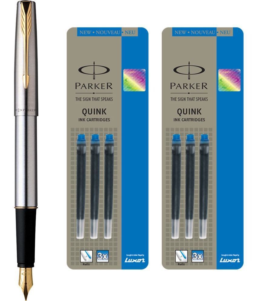     			Parker Frontier Stainless Steel Gt Fountain Pen With 6 Blue Quink Ink Cartridge (Pack Of 3, Blue)