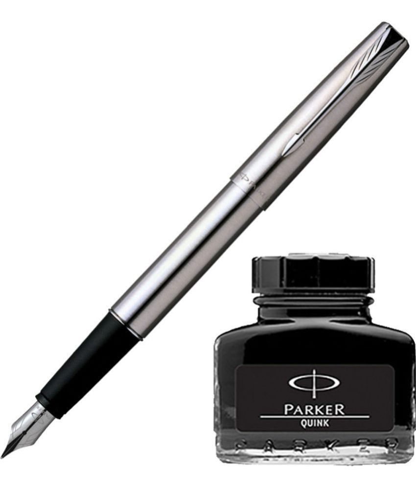     			Parker Frontier Stainless Steel Ct Fountain Pen With Black Quink Ink Bottle (Pack Of 2, Black)