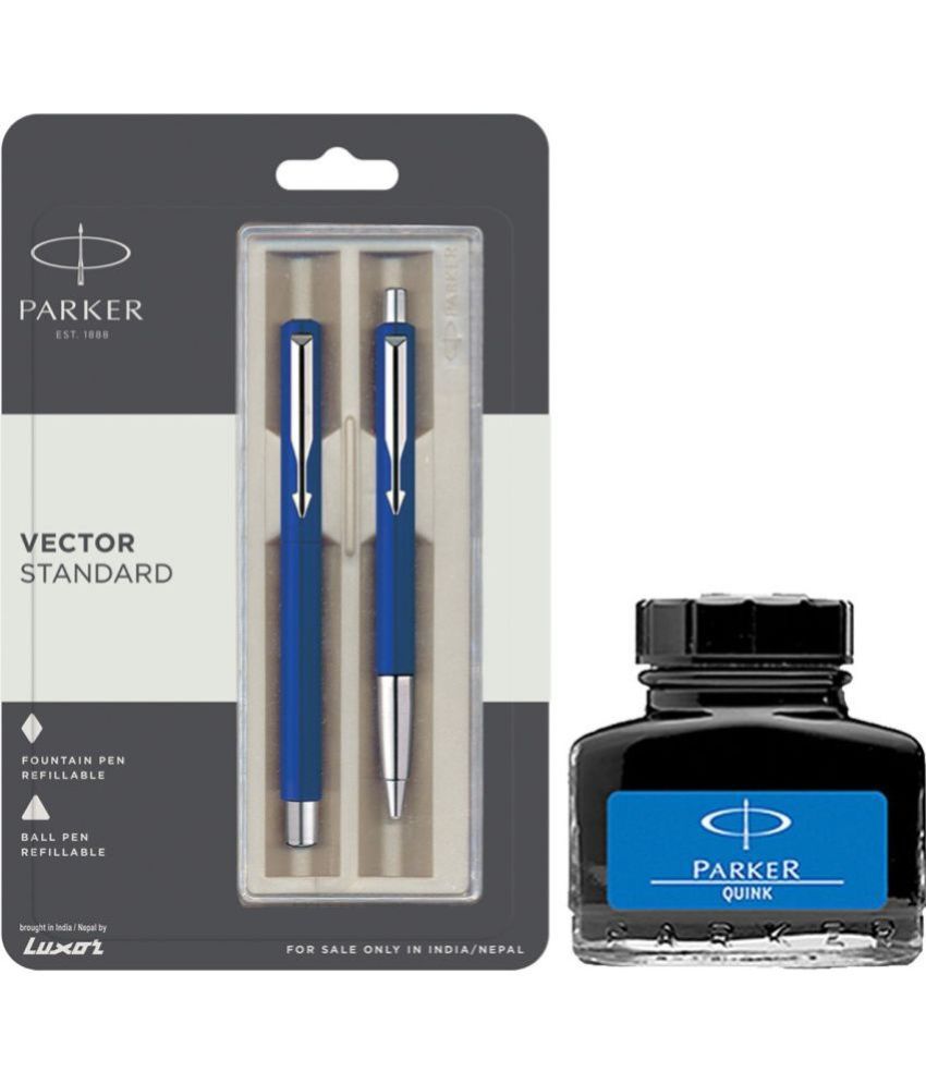     			Parker Vector Standard Sets Fountain Pen Ball Pen - Blue With Blue Quink Ink Bottle (Pack Of 3, Blue)