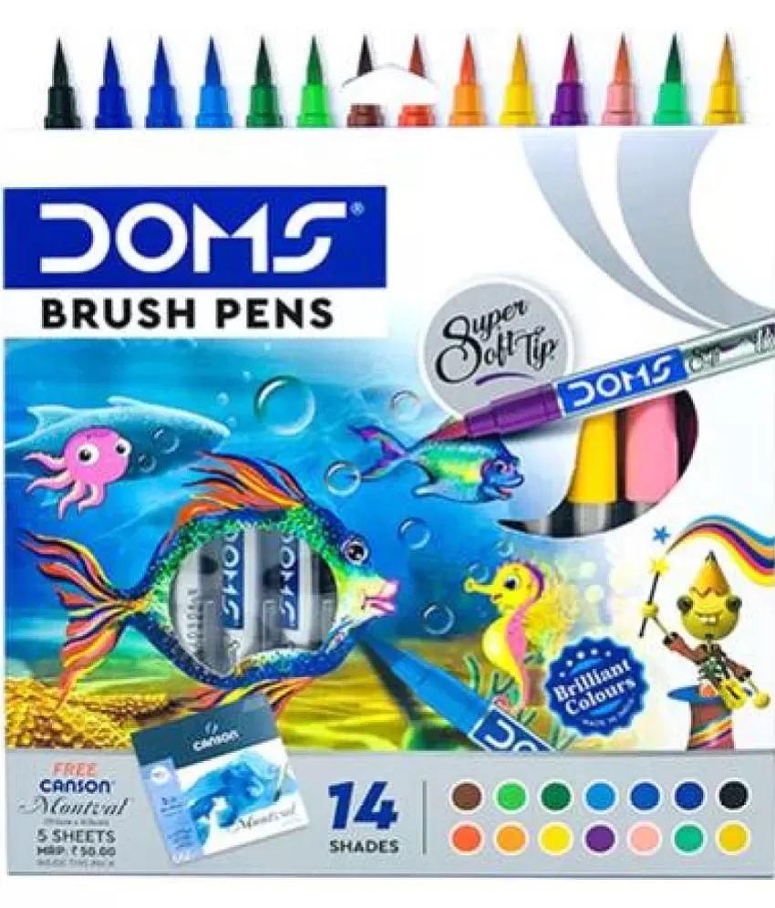 DOMS BRUSH PENS (14 Colour Shades) WITH 5 DRAWING Sheets | Super Soft Tip -  1 