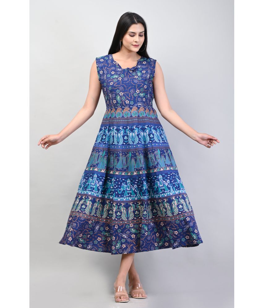     			Frionkandy - Blue Cotton Women's Fit & Flare Dress ( Pack of 1 )
