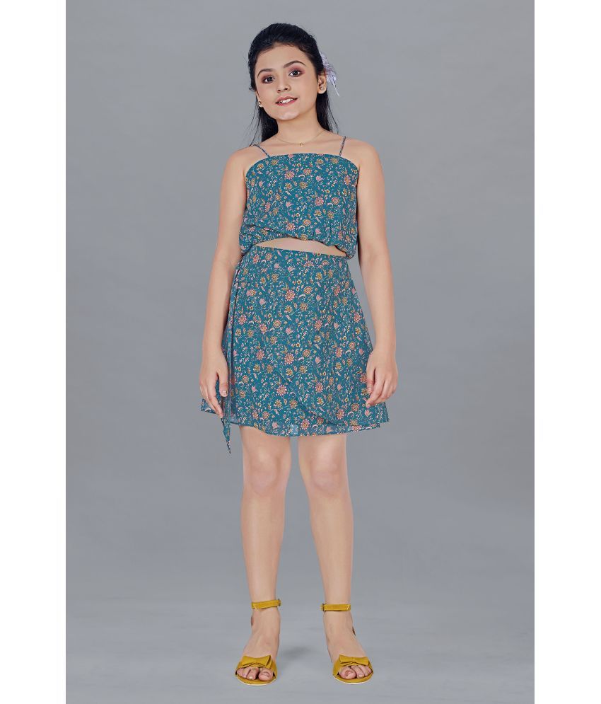     			Fashion Dream - Teal Georgette Girls Top With Skirt ( Pack of 1 )