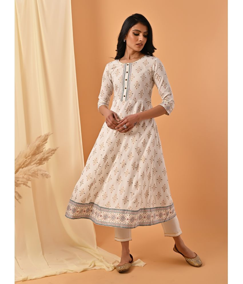     			Rangita Women Rayon Off White Contrast Placket Ethnic Printed Calf Length Anarkali Kurti