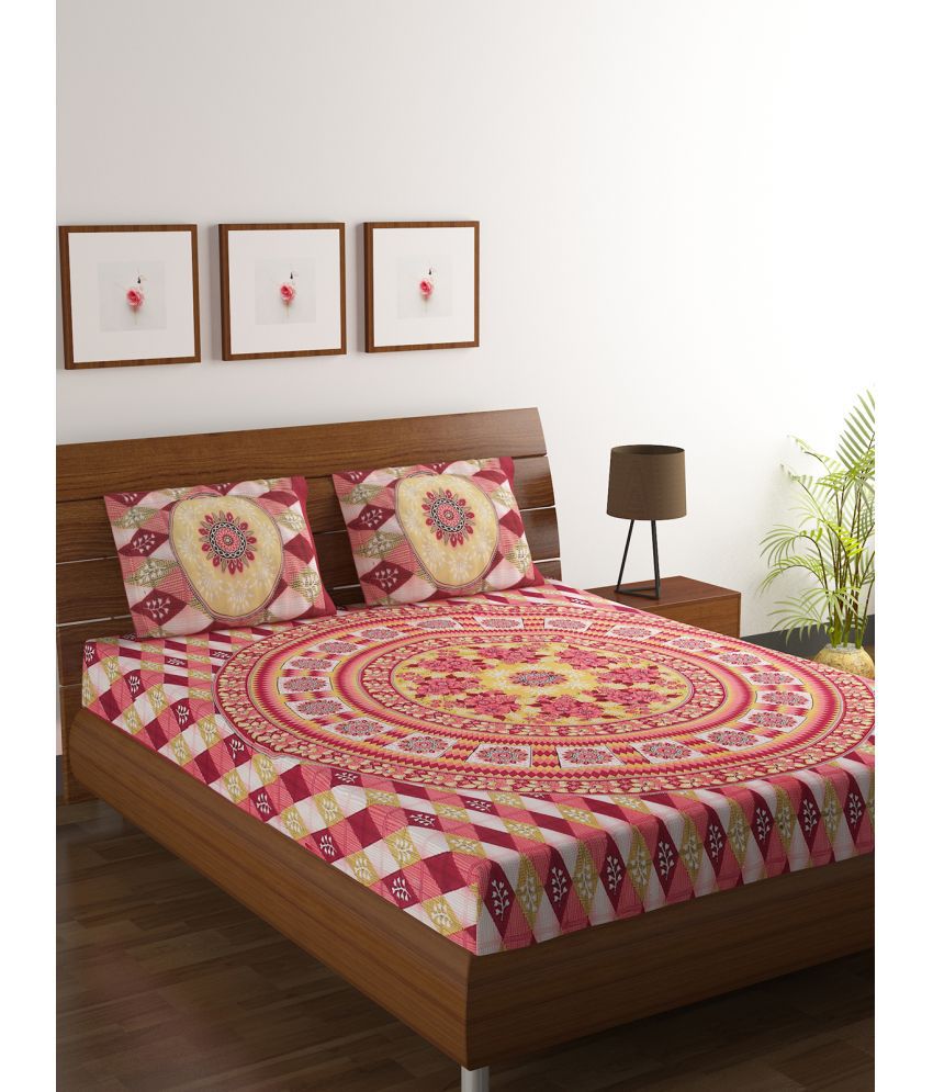     			HOMETALES Poly Cotton Floral Double Bedsheet with 2 Pillow Covers - Burgundy