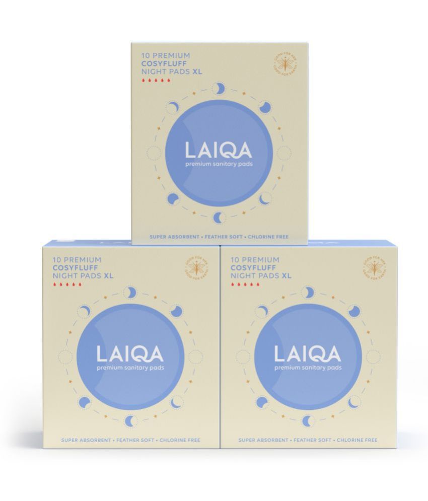     			LAIQA Ultra Soft Heavy Flow Night Sanitary Pads For Women, 30XL Pads With 100% Biodegradable Disposal Bags + 6 Pantyliners -3 Box