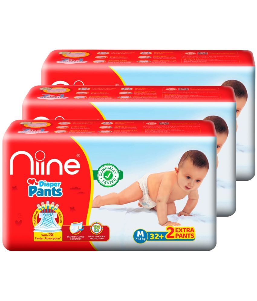     			Niine Baby Diaper Pants Medium(M) Size (Pack of 3) 102 Pants for Overnight Protection with Rash Control