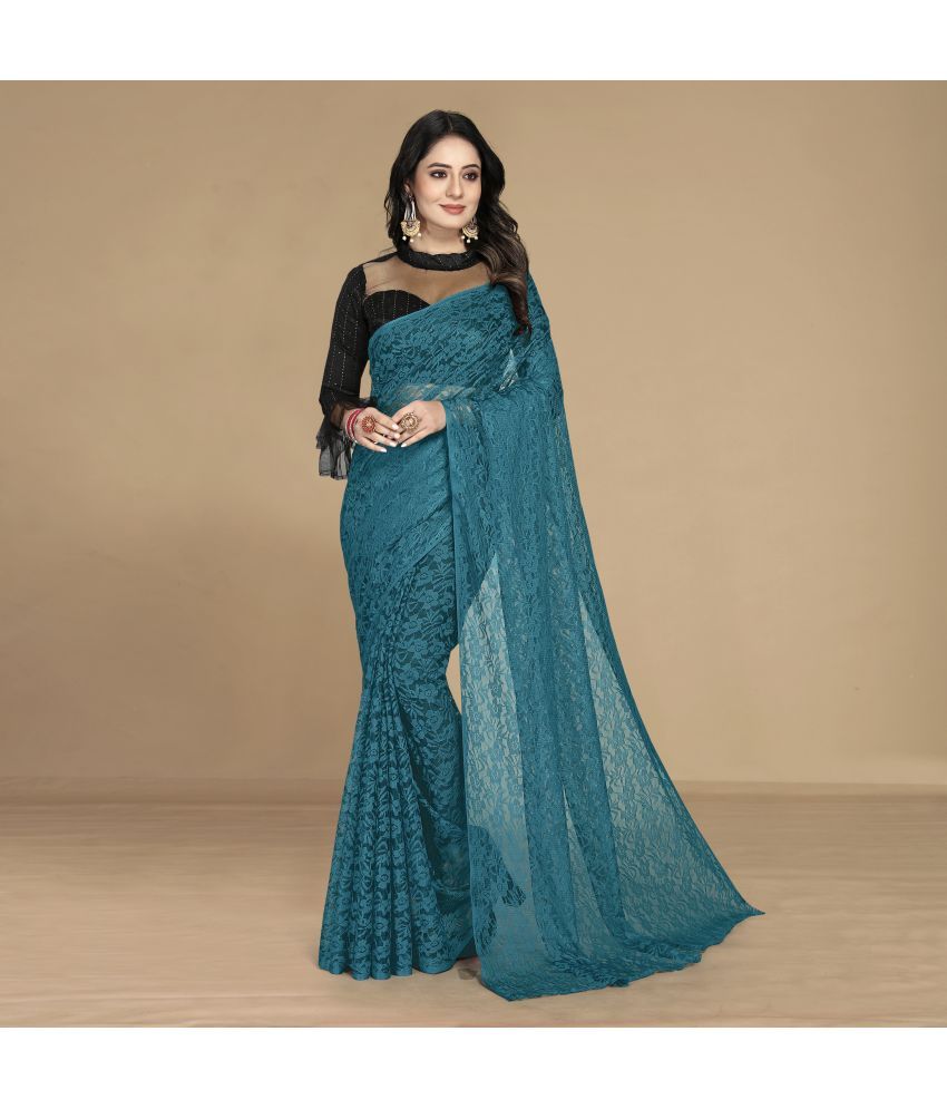     			Rekha Maniyar Net Self Design Saree With Blouse Piece - Teal ( Pack of 1 )