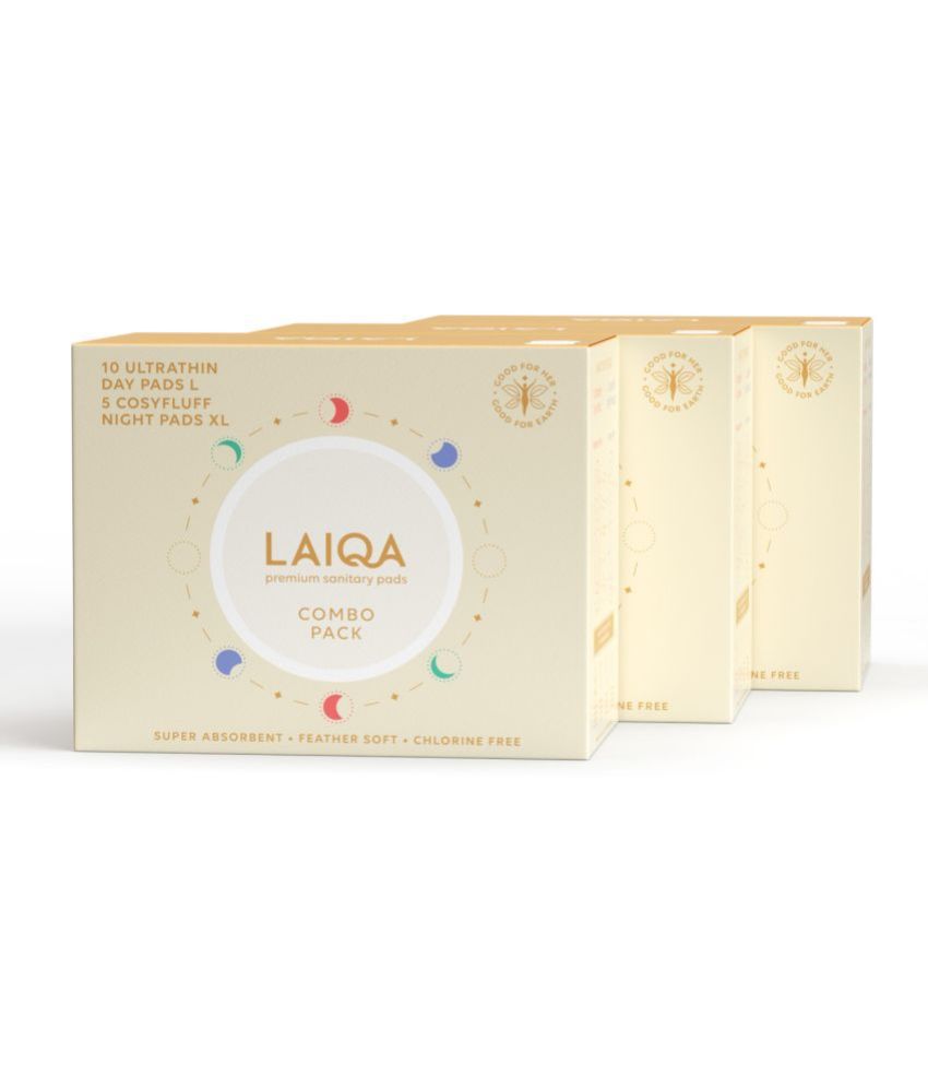     			LAIQA Ultra Soft Day & Night Sanitary Pads for Women - 30 L+ 15 XL+ 6 Pantyliners | 100% biodegradable disposal bags - Pack of 3