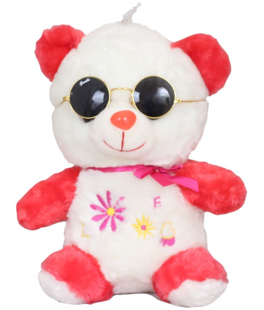     			Tickles Soft Stuffed Plush Animal Teddy Wearing Googles Toy for Kids Room  (Color: Red and White Size: 25 cm)