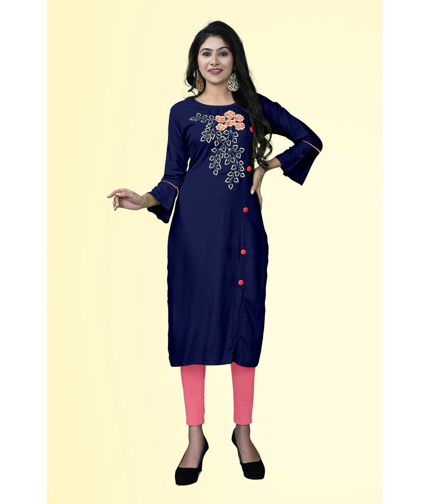     			HAYA - Navy Rayon Women's Front Slit Kurti ( Pack of 1 )