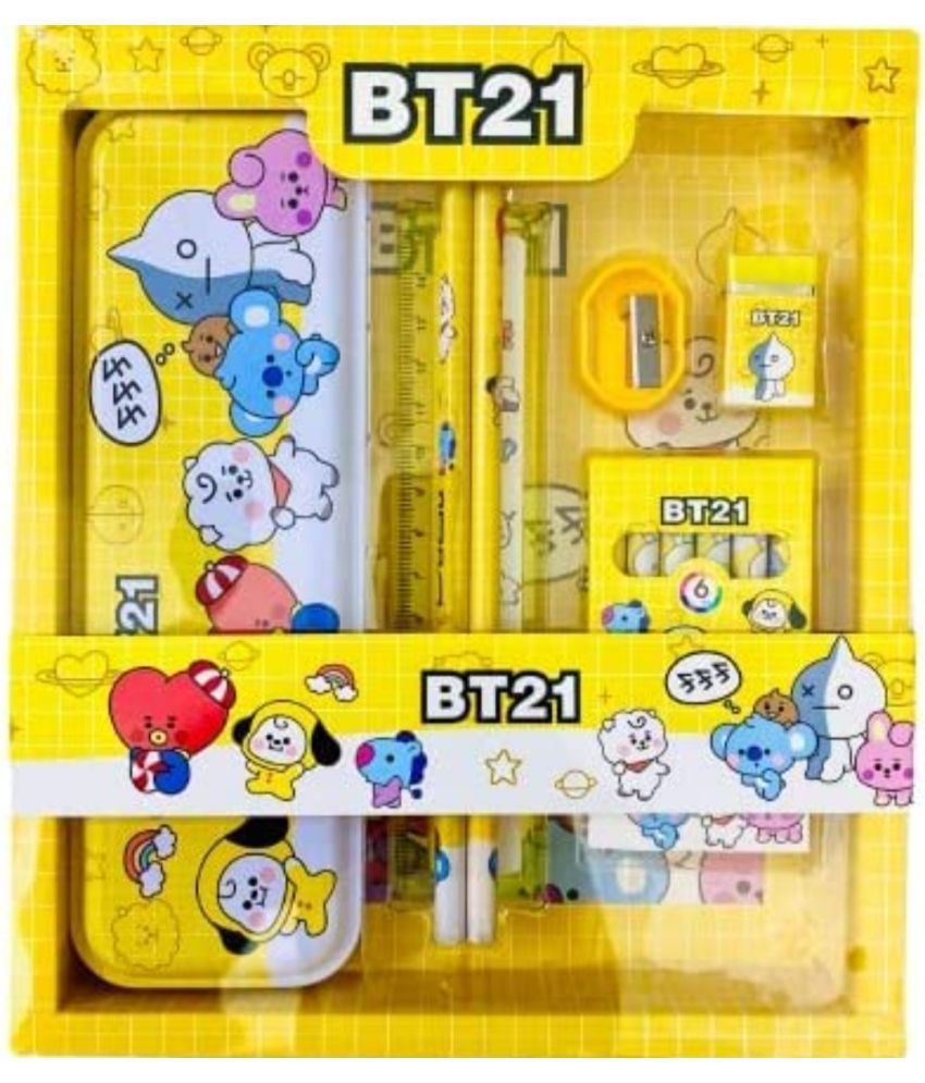     			YESKART-12 pcs All in One BT21 Theme Stationery Set  Kit with 1 Pencil Box Case 2 Pencils 6 Crayon Colours 1 Ruler Scale Eraser Sharpener Kit Gift