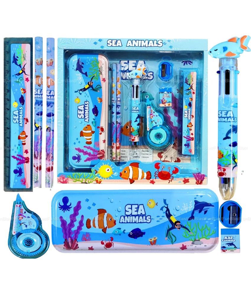     			YESKART- 8 PC Sea Animal Theme Stationery Kit for Kids - Stationery Box Pencil Pen Eraser Sharpener and Cartoon Pencil Box- Stationary Kit Set for Boys and Girls, Birthday Gift for Kids ( PACK OF 1)