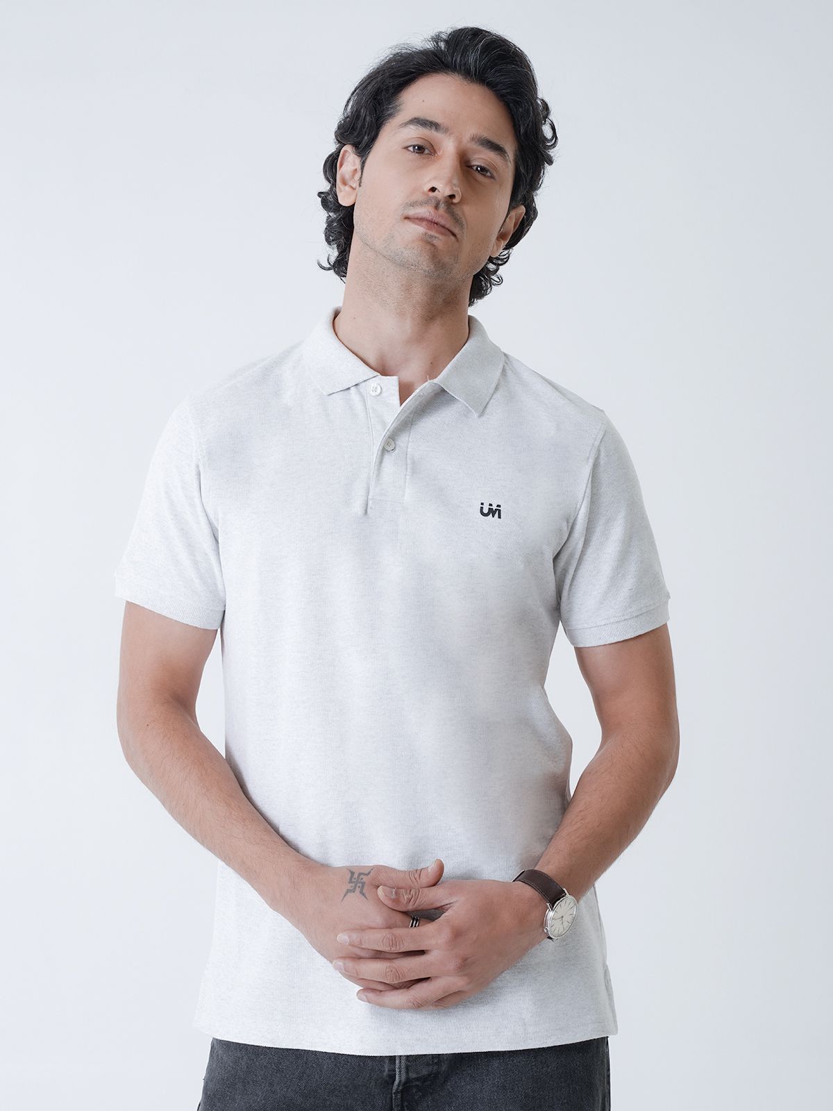     			UrbanMark Men Half Sleeves Regular Fit Solid Polo Tshirt -Light Grey