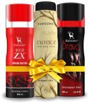 RAMSONS Deo Talc Combo | 1 Red ZX Deodorant Spray - 200ml | 1 Bravo Deodorant Spray - 200ml | 1 Exotica Perfume Talc - 100gm | Combo Pack Of 3