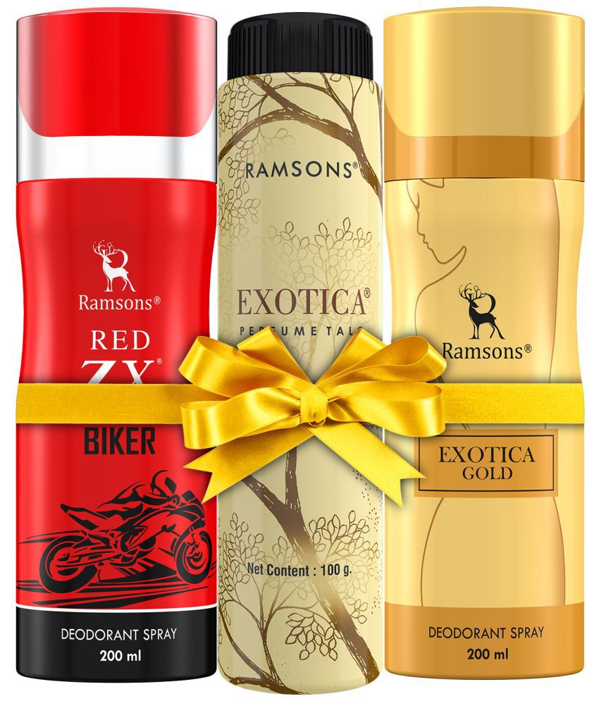     			RAMSONS Deo Talc Combo | 1 Exotica Gold Deodorant Spray - 200ml | 1 Red ZX - Biker Deodorant Spray - 200ml | 1 Exotica Perfume Talc - 100gm | Combo Pack Of 3