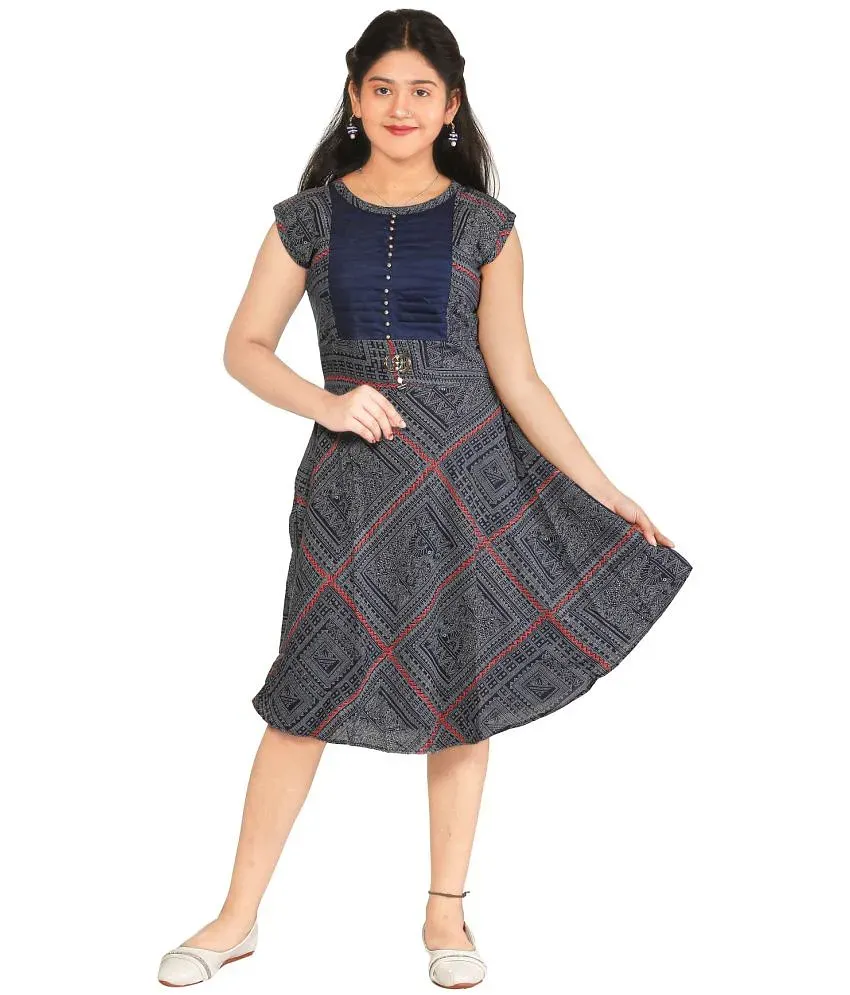 STYLOKIDS Navy Blue Rayon Girls A line Dress Pack of 1 Buy