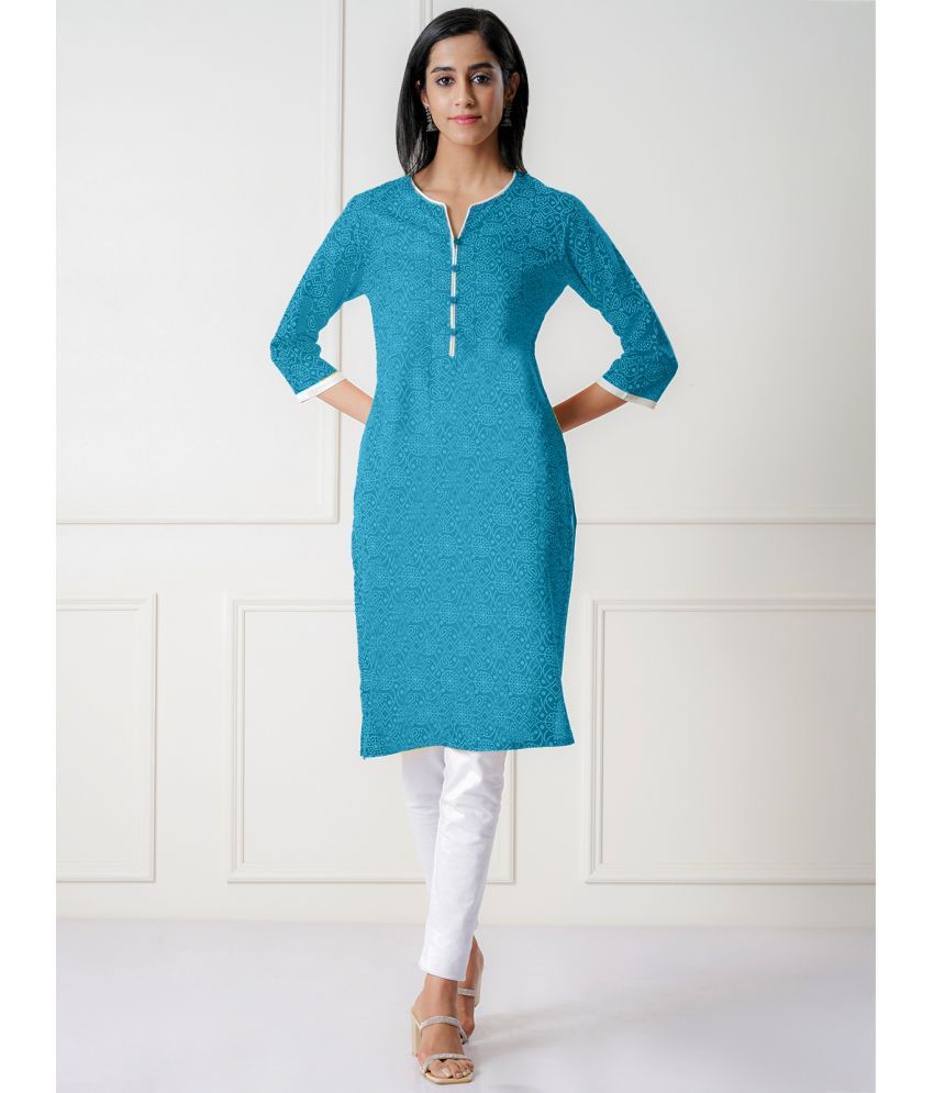     			Rangita Women Rayon Turquoise Tonal Printed Contrast Placket Knee Length Straight Kurti