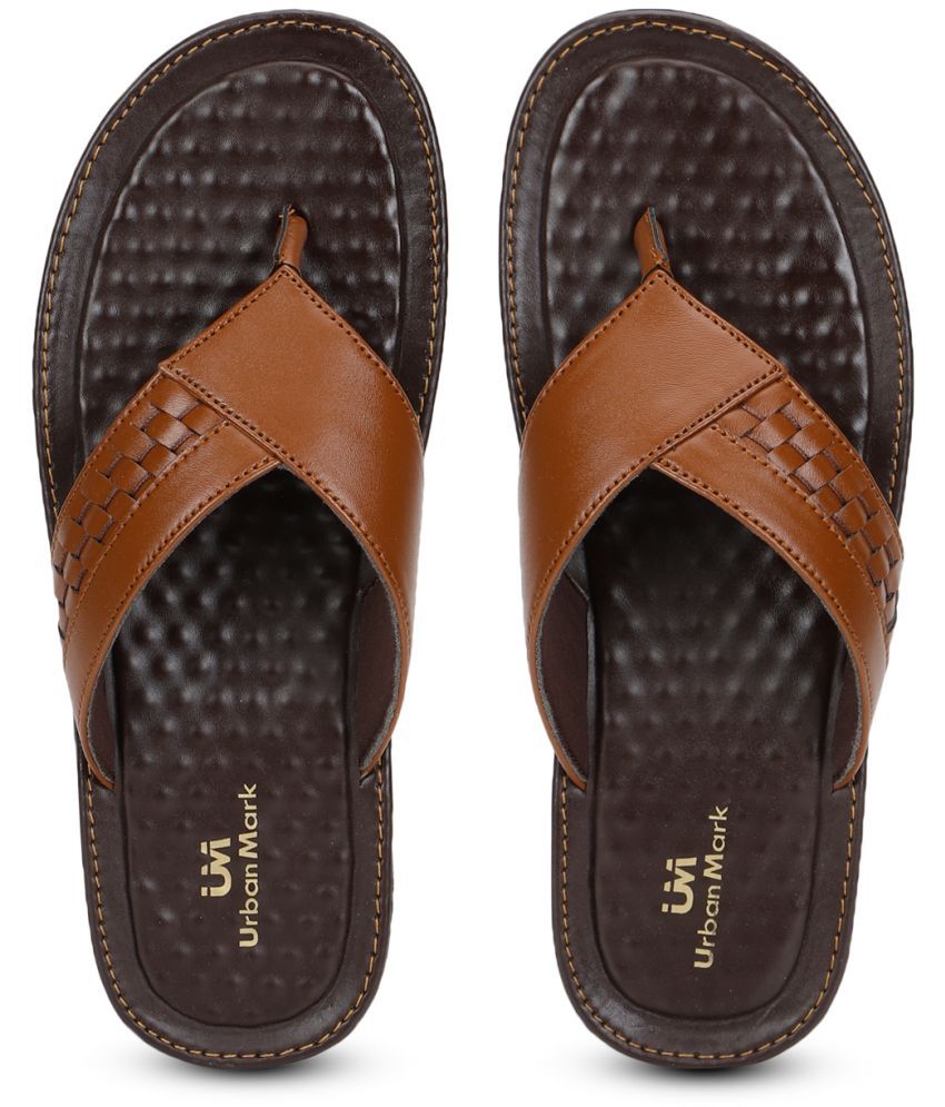     			Urbanmark Men Comfortable Outdoor Faux Leather Thong Flip Flop- Tan