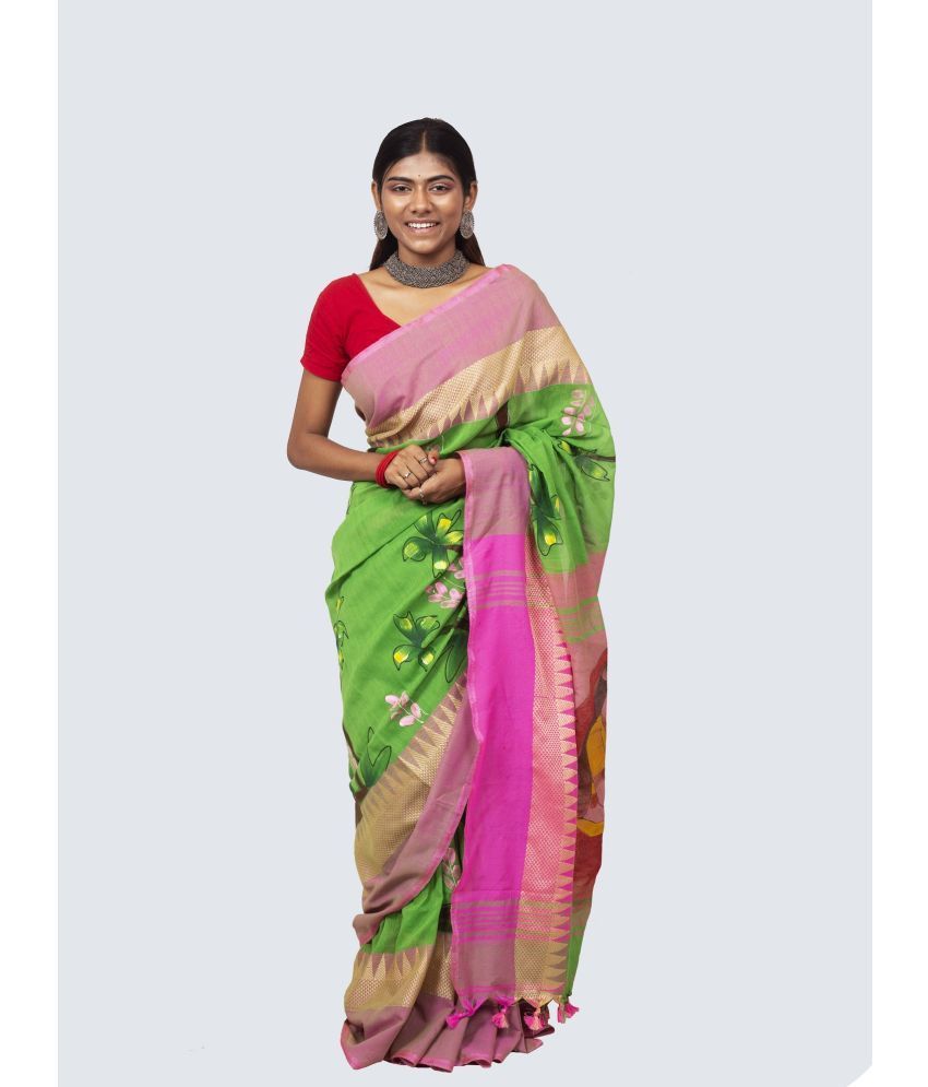     			AngaShobha - Green Cotton Blend Saree With Blouse Piece ( Pack of 1 )