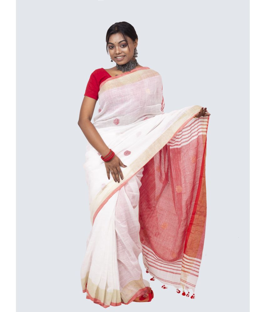     			AngaShobha - White Cotton Blend Saree With Blouse Piece ( Pack of 1 )