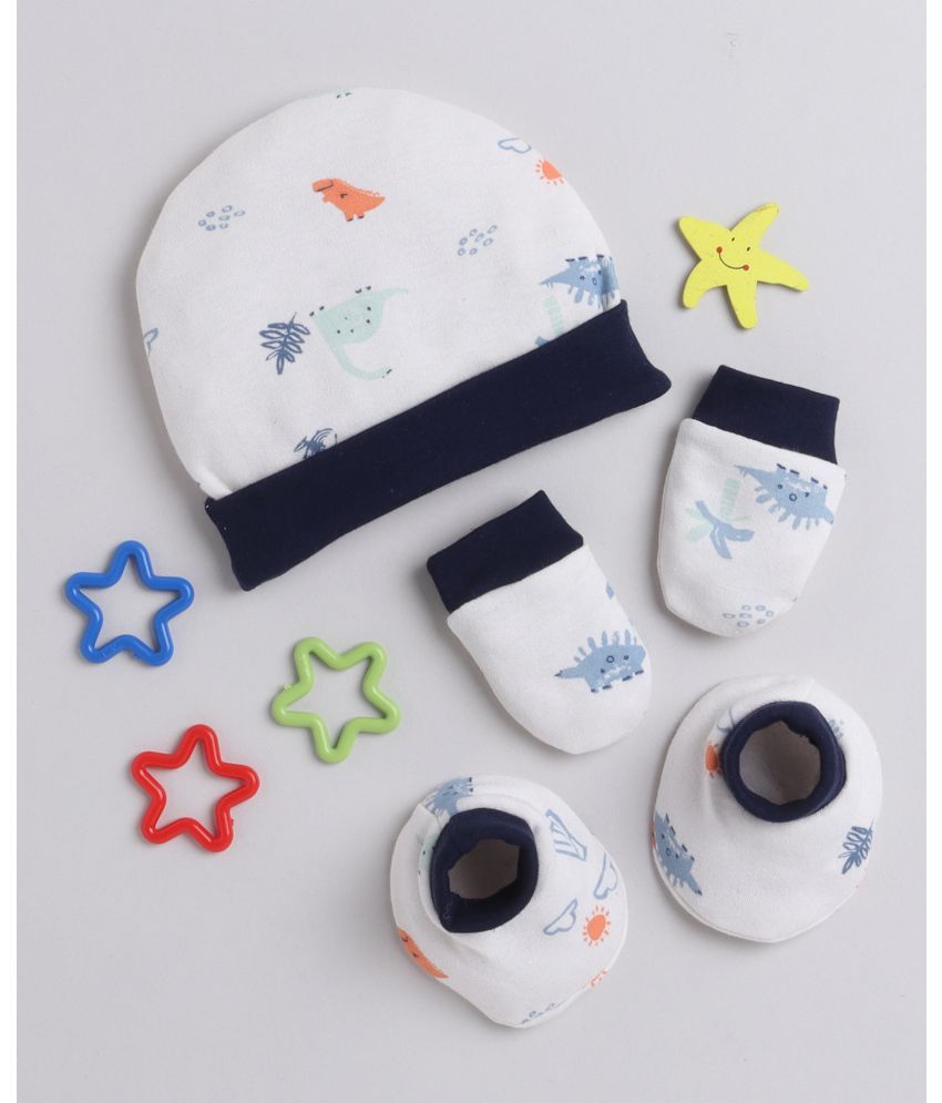     			BUMZEE White & Navy Boys Cotton Cap Mitten Bootie Set Age - 0-3 Months