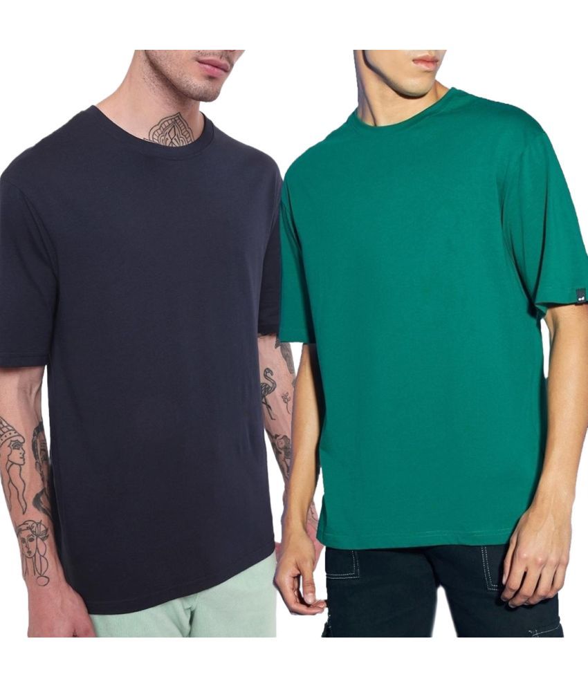     			Bewakoof - Blue 100% Cotton Oversized Fit Men's T-Shirt ( Pack of 2 )