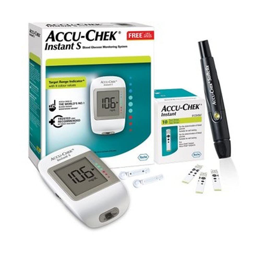 Accu-Chek Instant S Blood Glucose Glucometer Kit with Vial of 10 Strips, 10 Lancets and a Lancing device FREE for Accurate Blood Sugar Testing